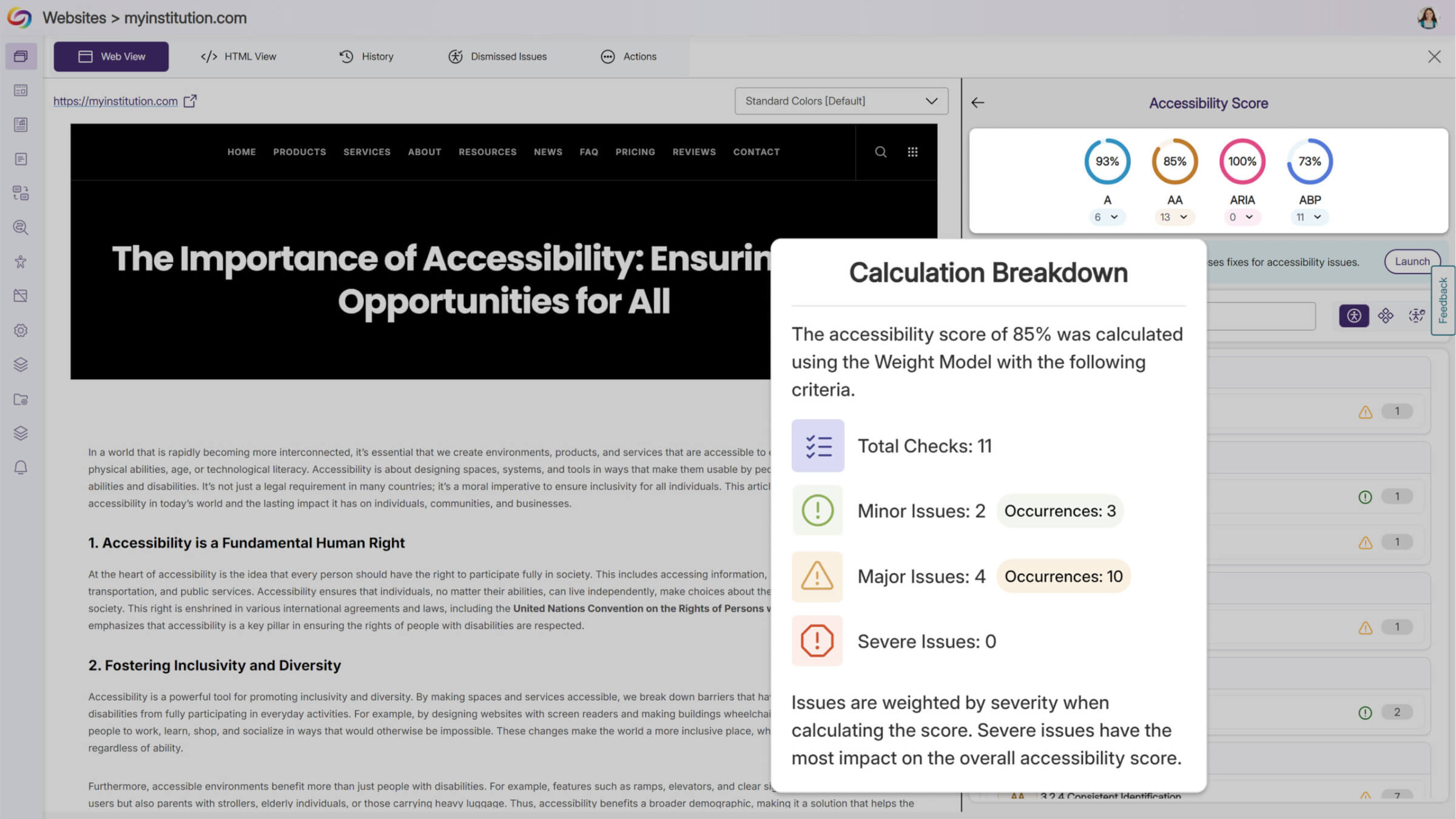 Score Calculation Breakdowns Provide Details for Accessibility, Metrics