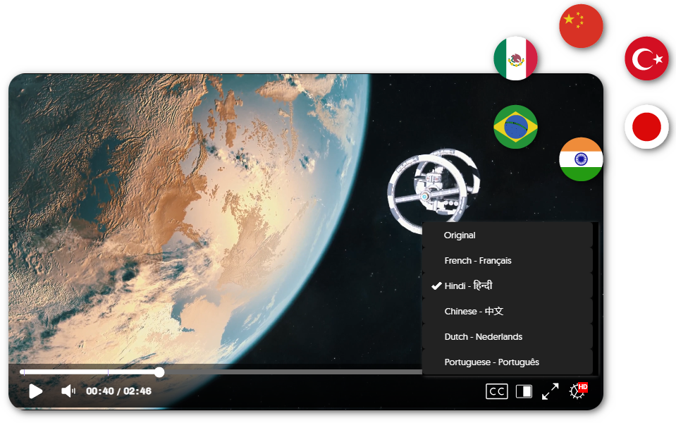 The YuJa Media Player shows multiple audio languages that can be selected.