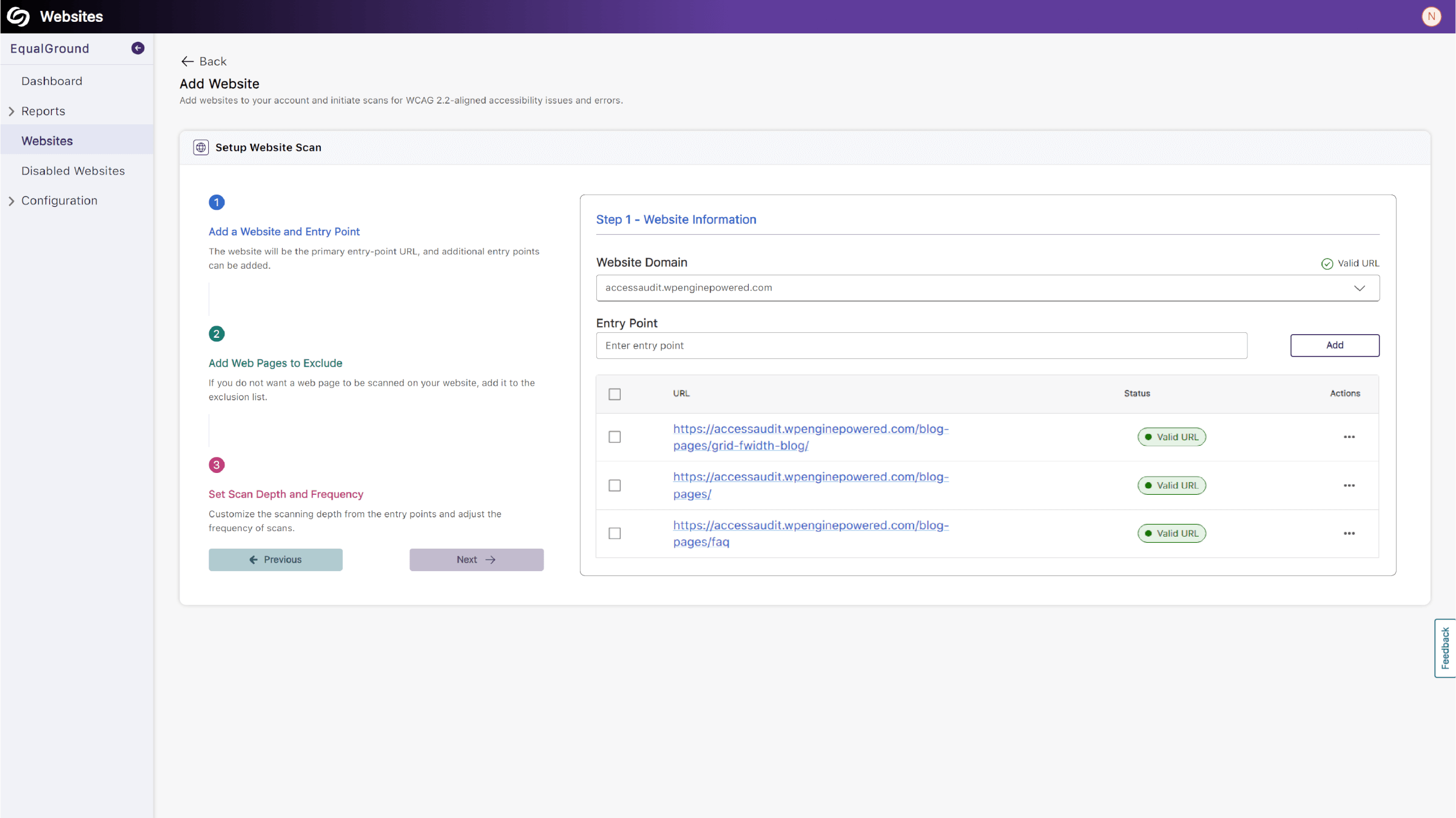 Customize Entry Points and Linked Page Scanning screenshot.