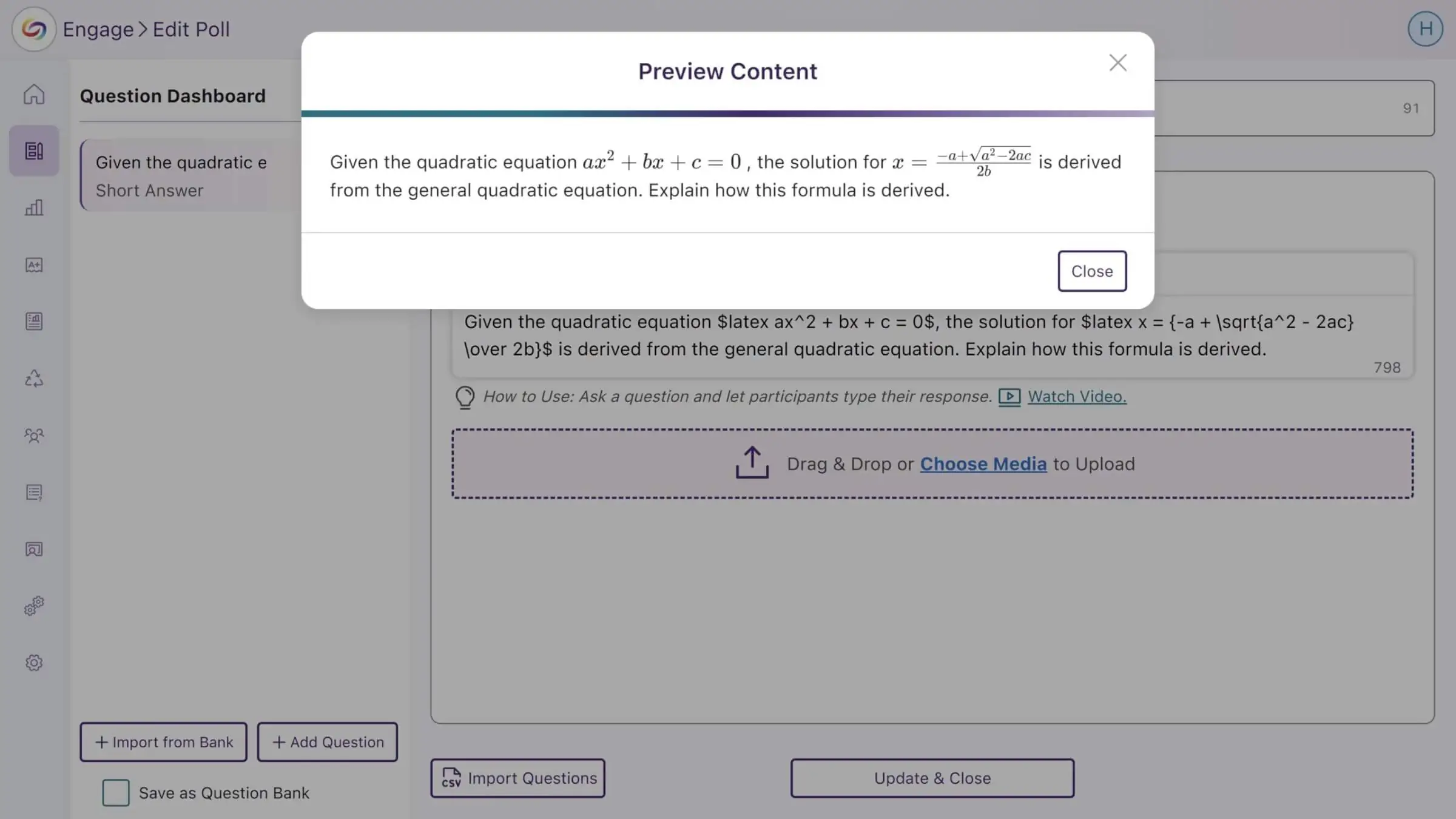 LaTeX math content visually displayed inside YuJa Engage.