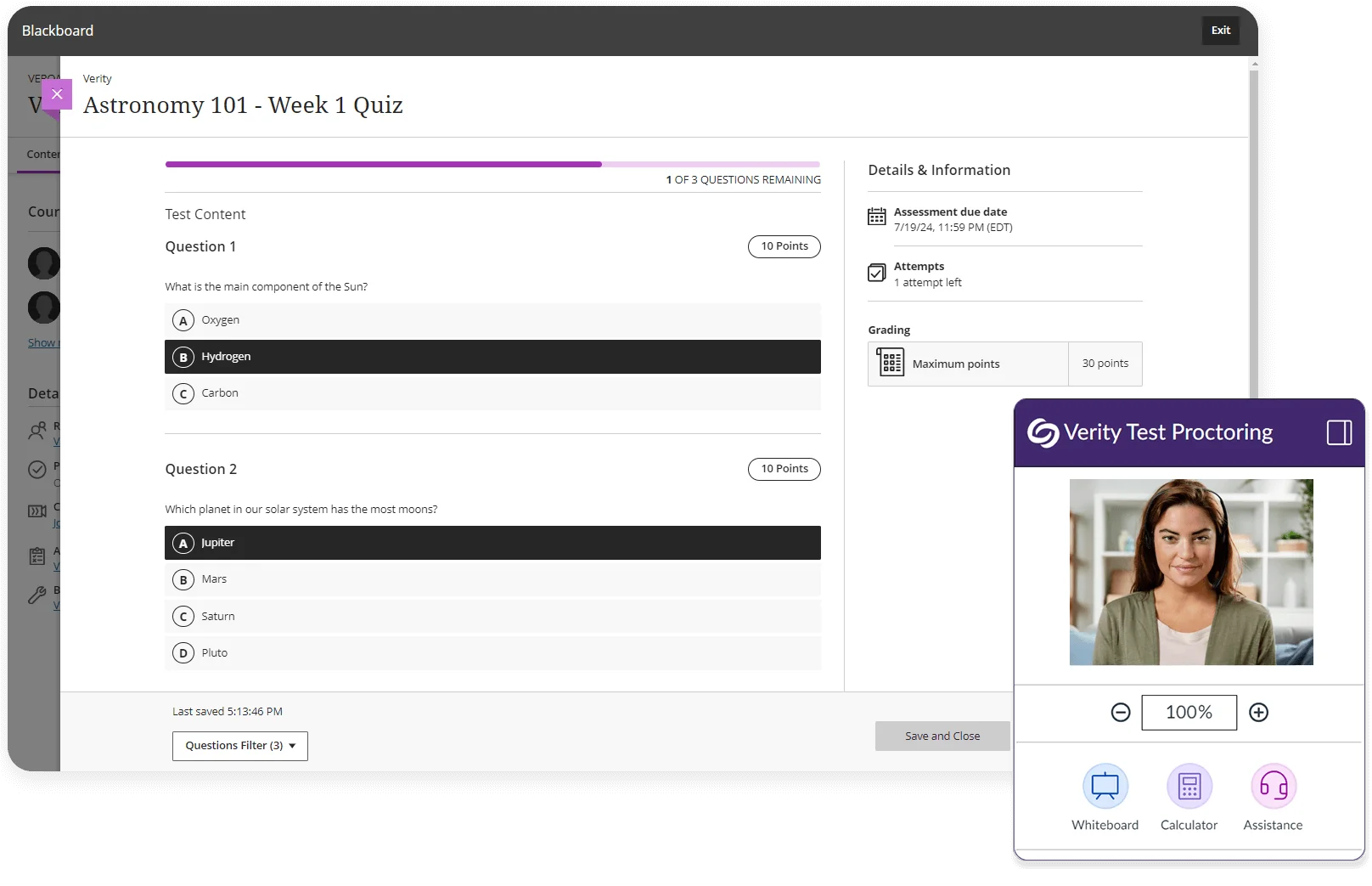 Screenshot of a proctored test within the Blackboard LMS.