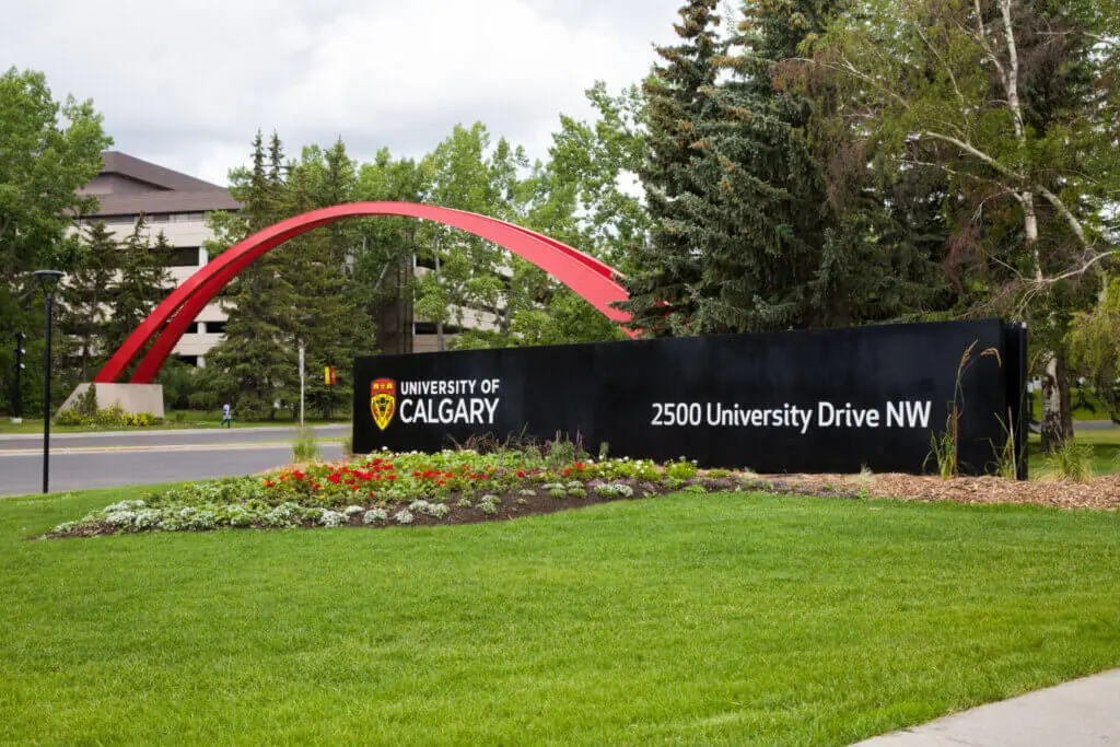 The University of Calgary campus, arch, and sign.
