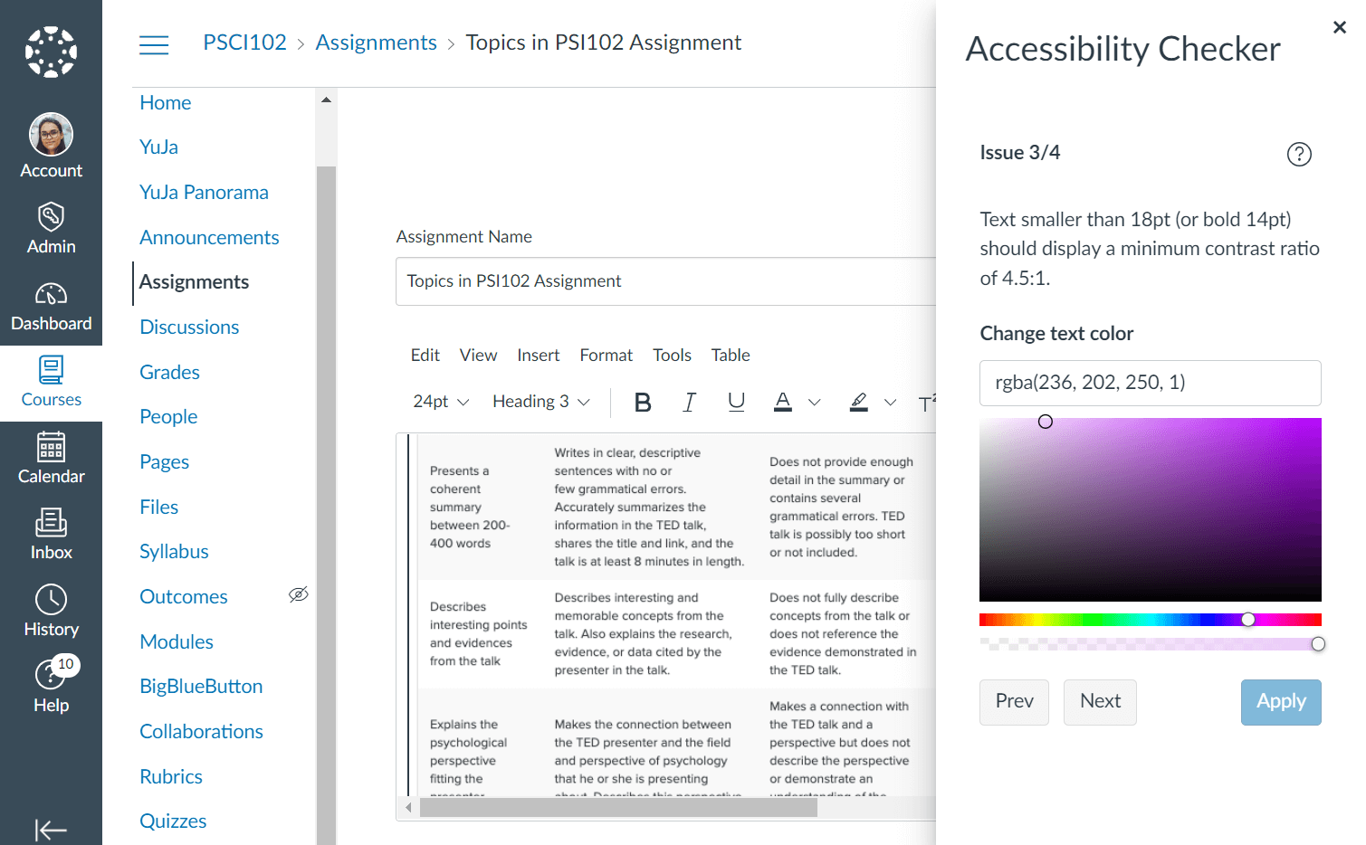 An assignment in the Canvas LMS with the Accessibility Report open.