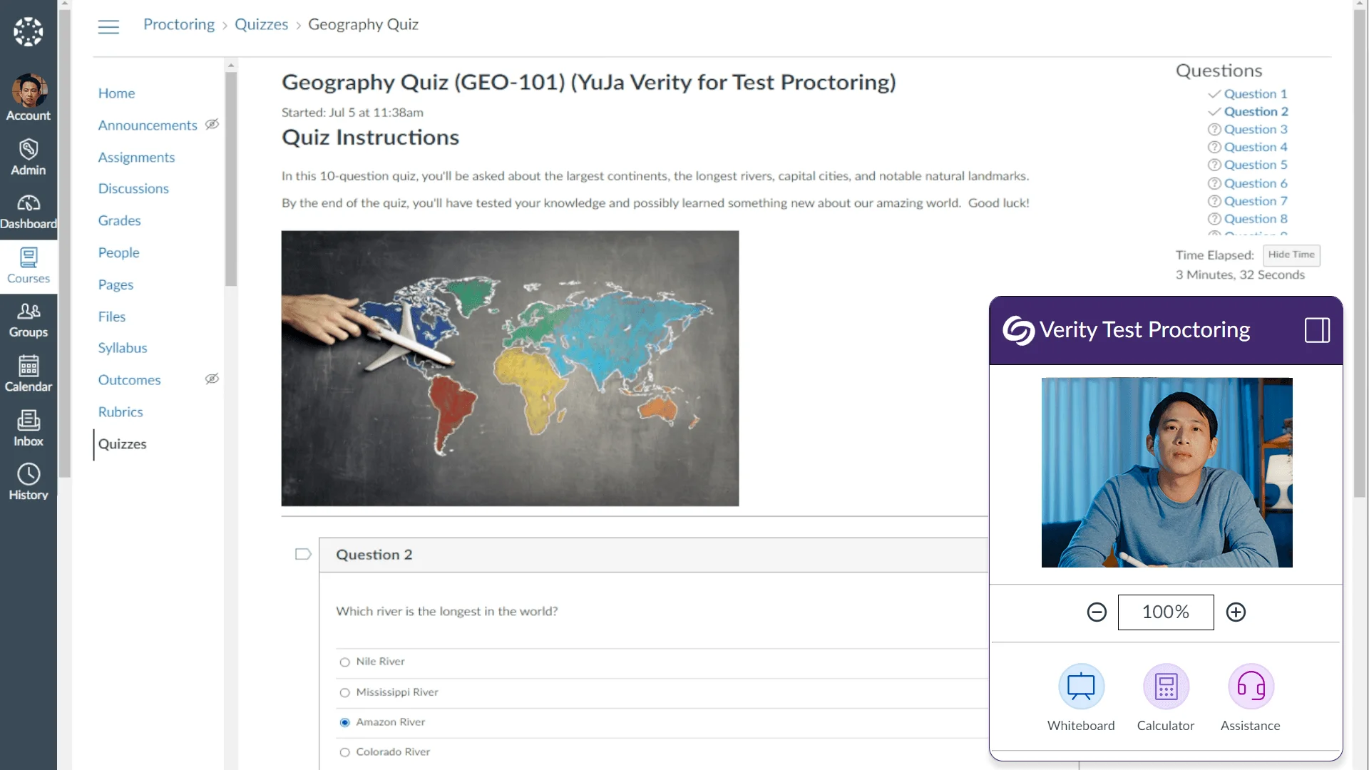 A screenshot of setting up a quiz with YuJa Verity from the Test Proctoring tab in Canvas.
