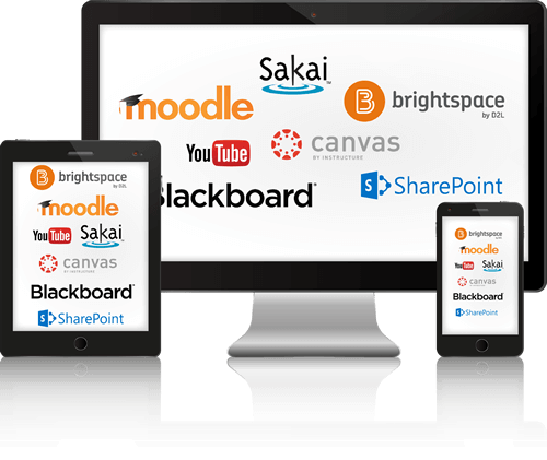 A laptop, tablet, and mobile device are displaying a number of different LMS apps.