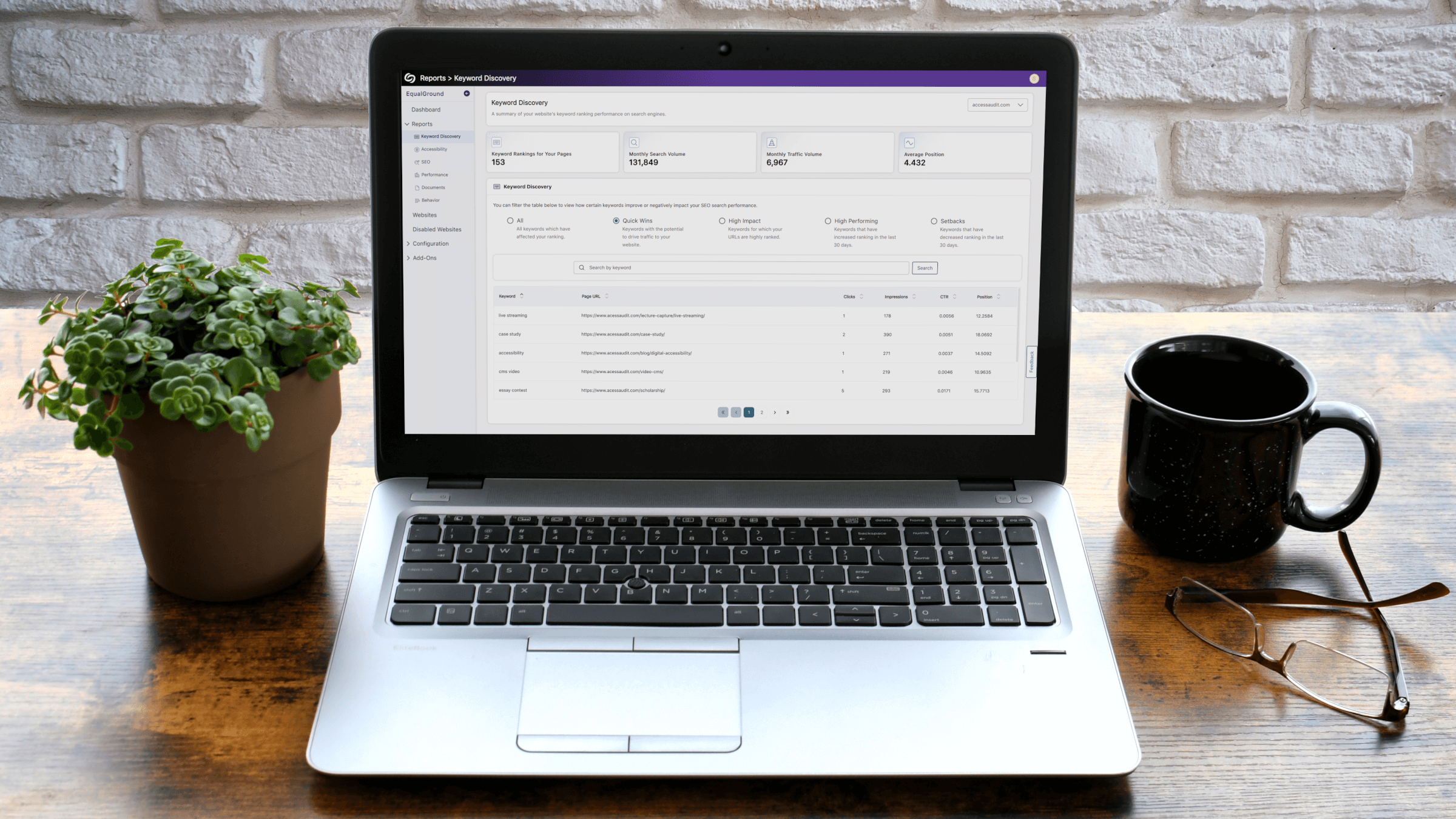 The Keyword Discovery page is open on a laptop, which sits on a desk.