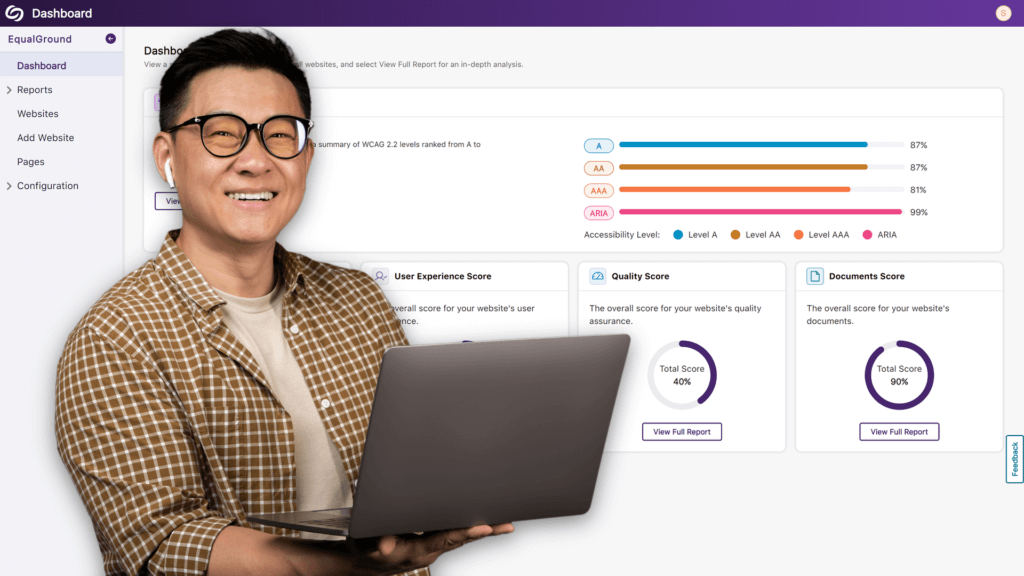 An excited man holding a laptop while standing in front of the EqualGround Dashboard.
