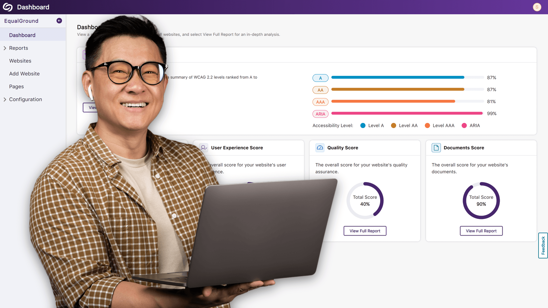 An excited man holding a laptop while standing in front of the EqualGround Dashboard.