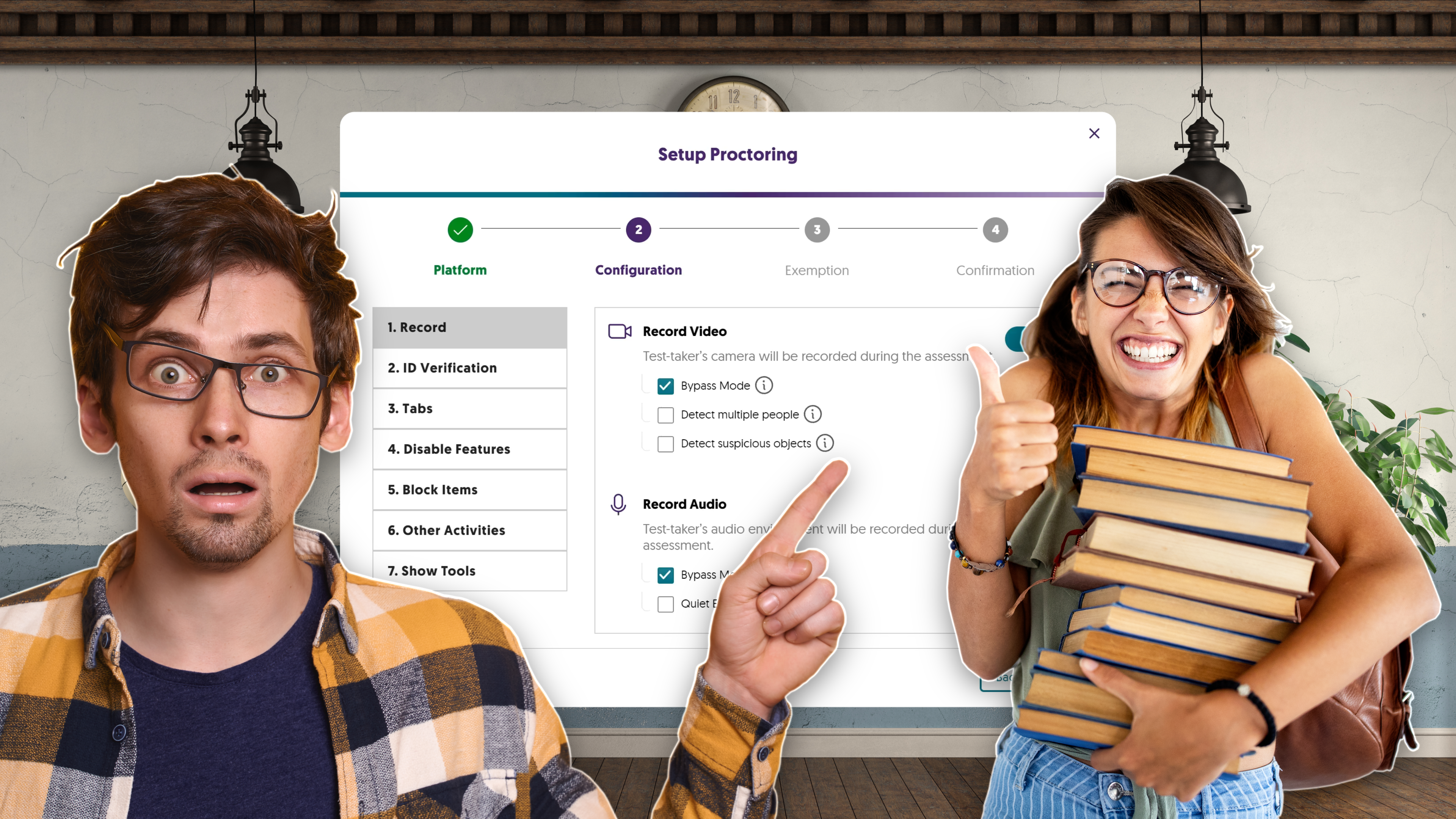 A young man and woman stand in front of the Verity Options menu. She's well prepared for a test and is excited; he's not.