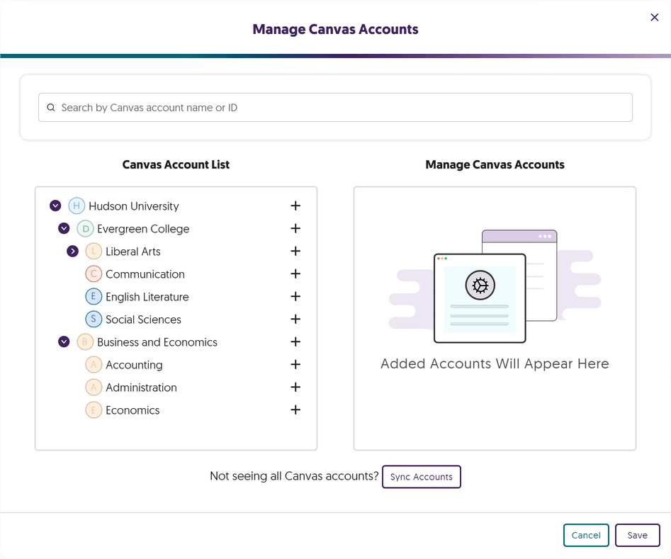 The YuJa Verity Test Proctoring Platform Manage Canvas Accounts window.