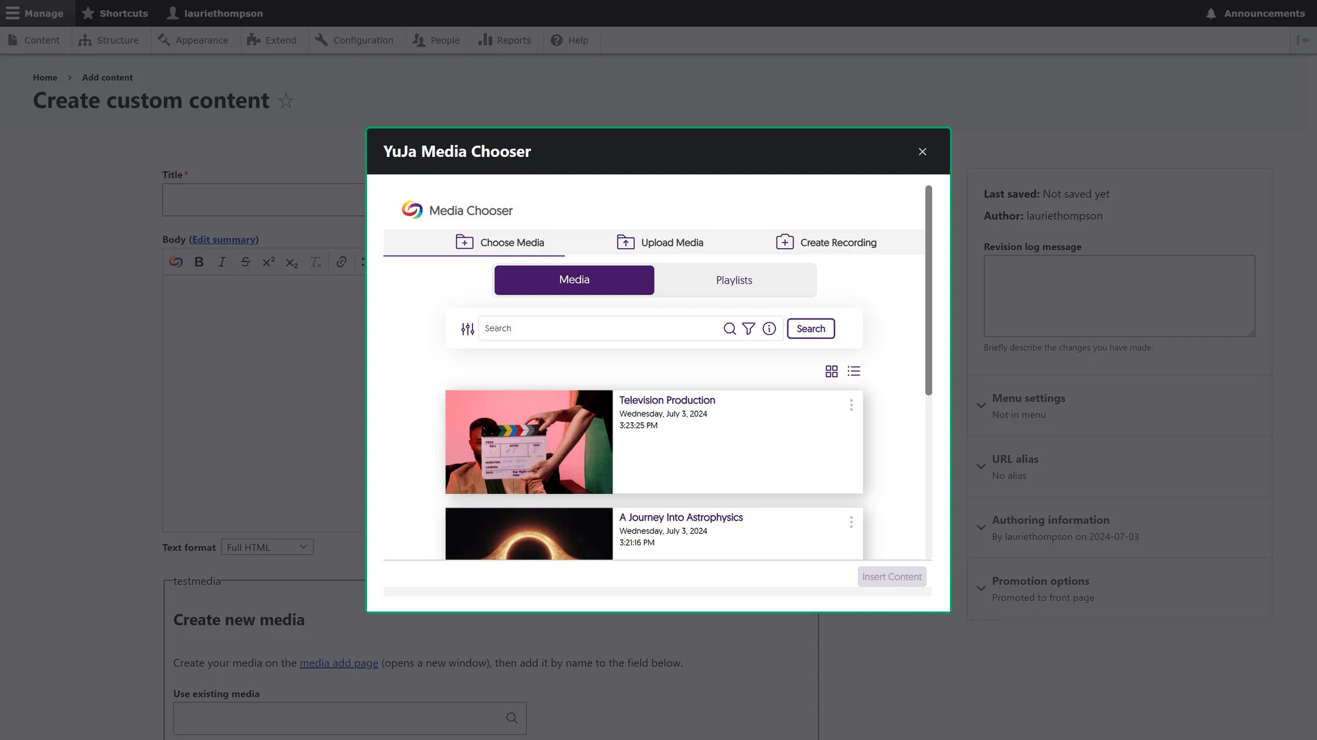 The YuJa Media Chooser is shown.              