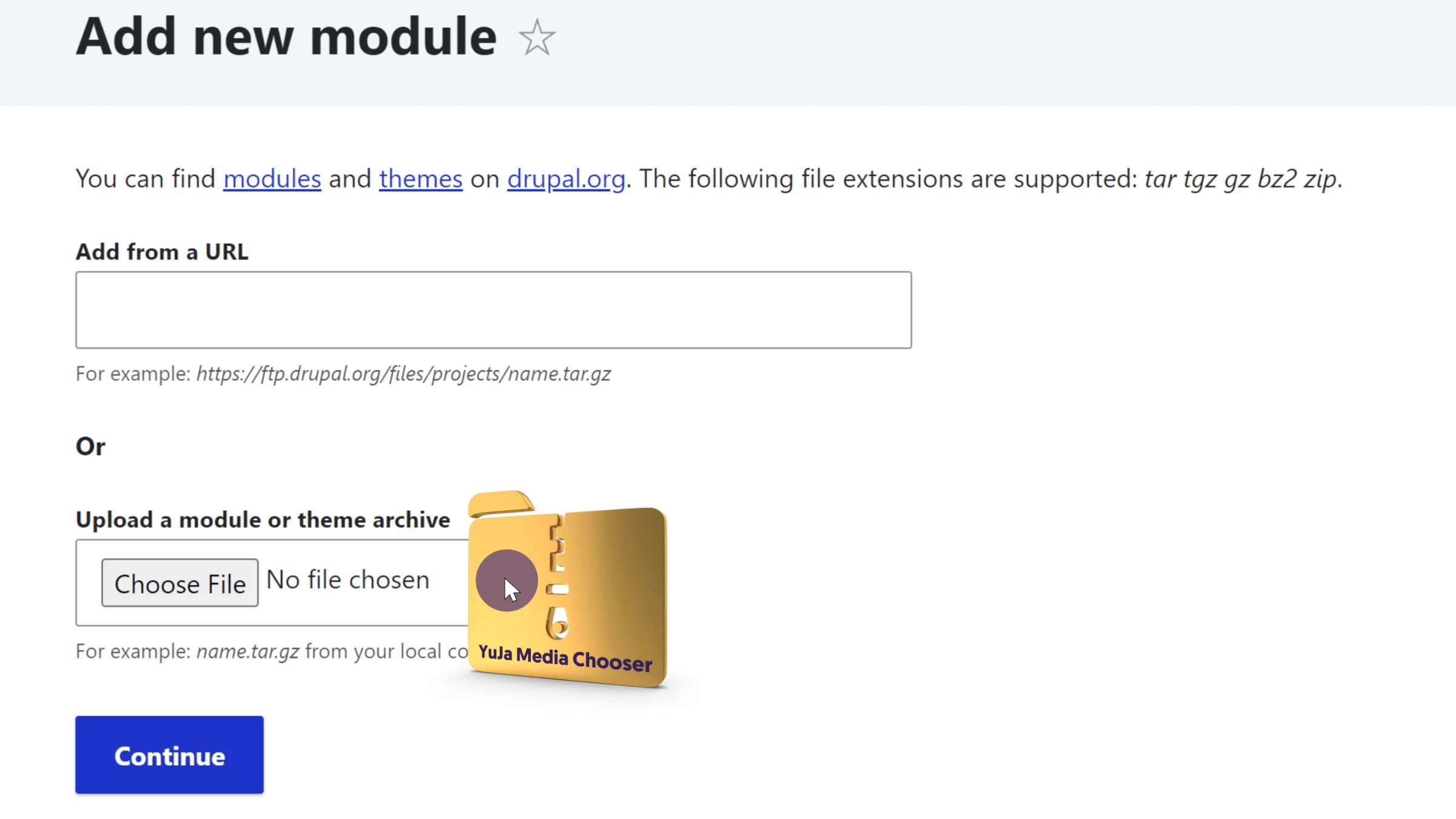 The YuJa Drupal Connector with the “add new module” screen is shown                        .