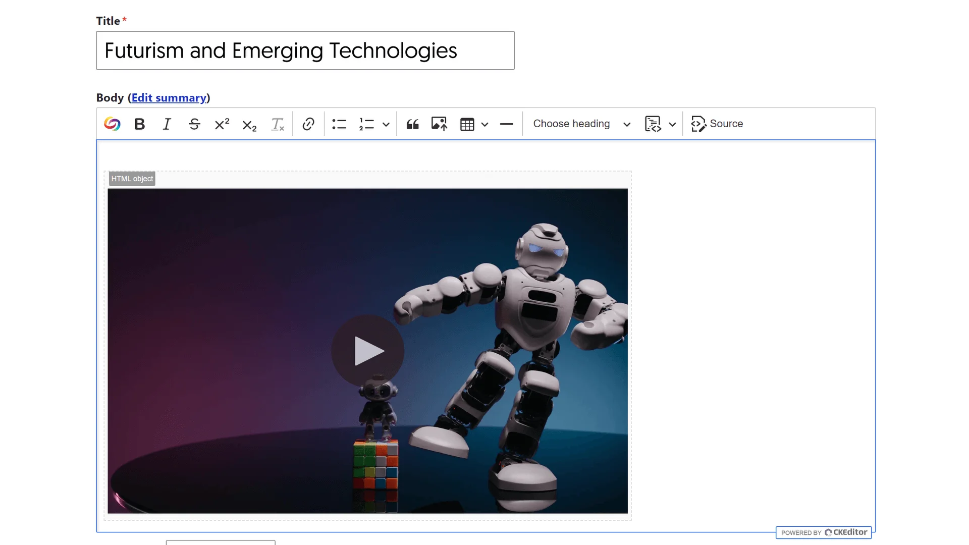 A video is embedded in a Drupal text editor.                .