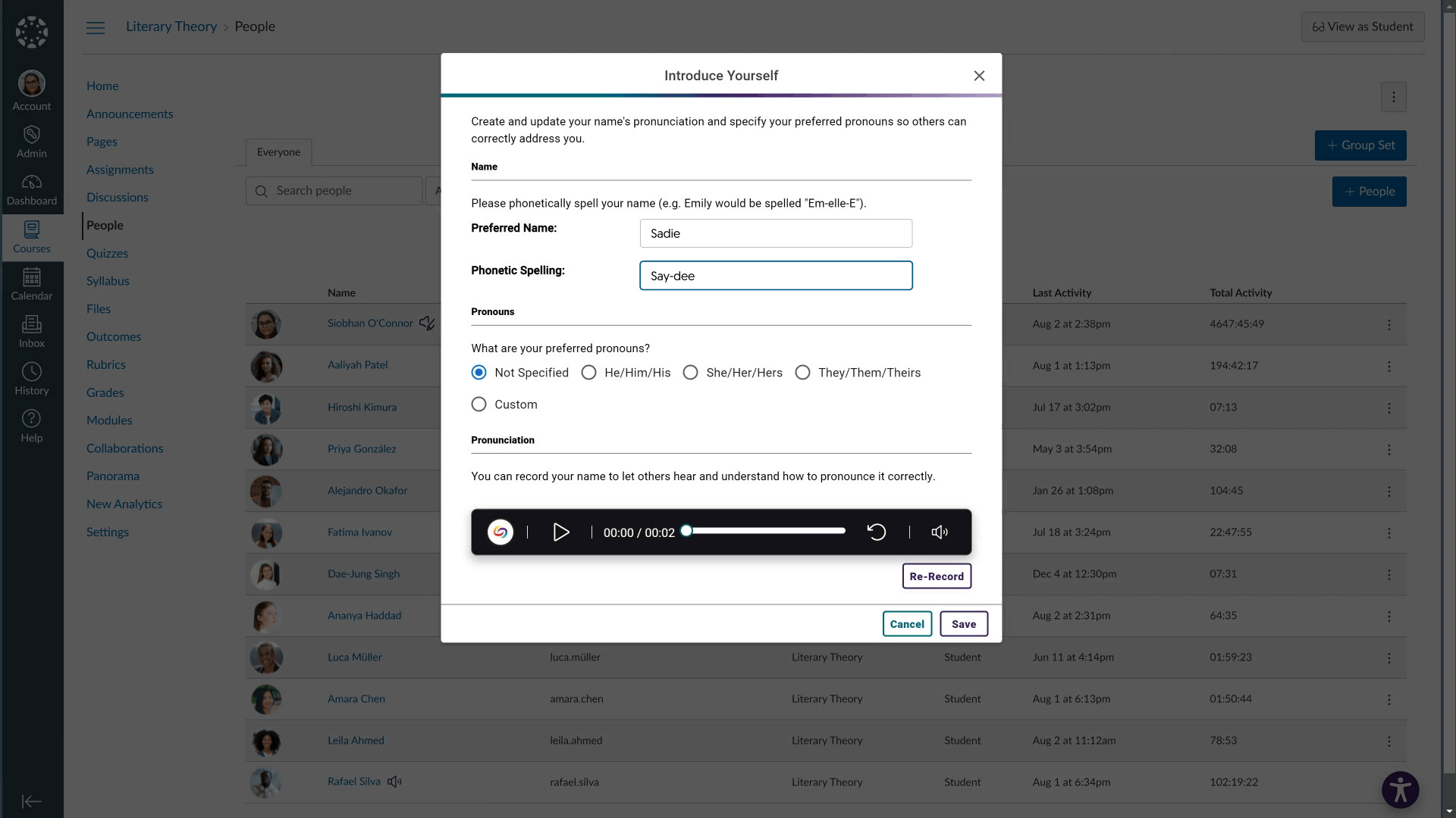 audioname Pro, open in Canvas, featuring a Preferred Name and the Phonetic Spelling.