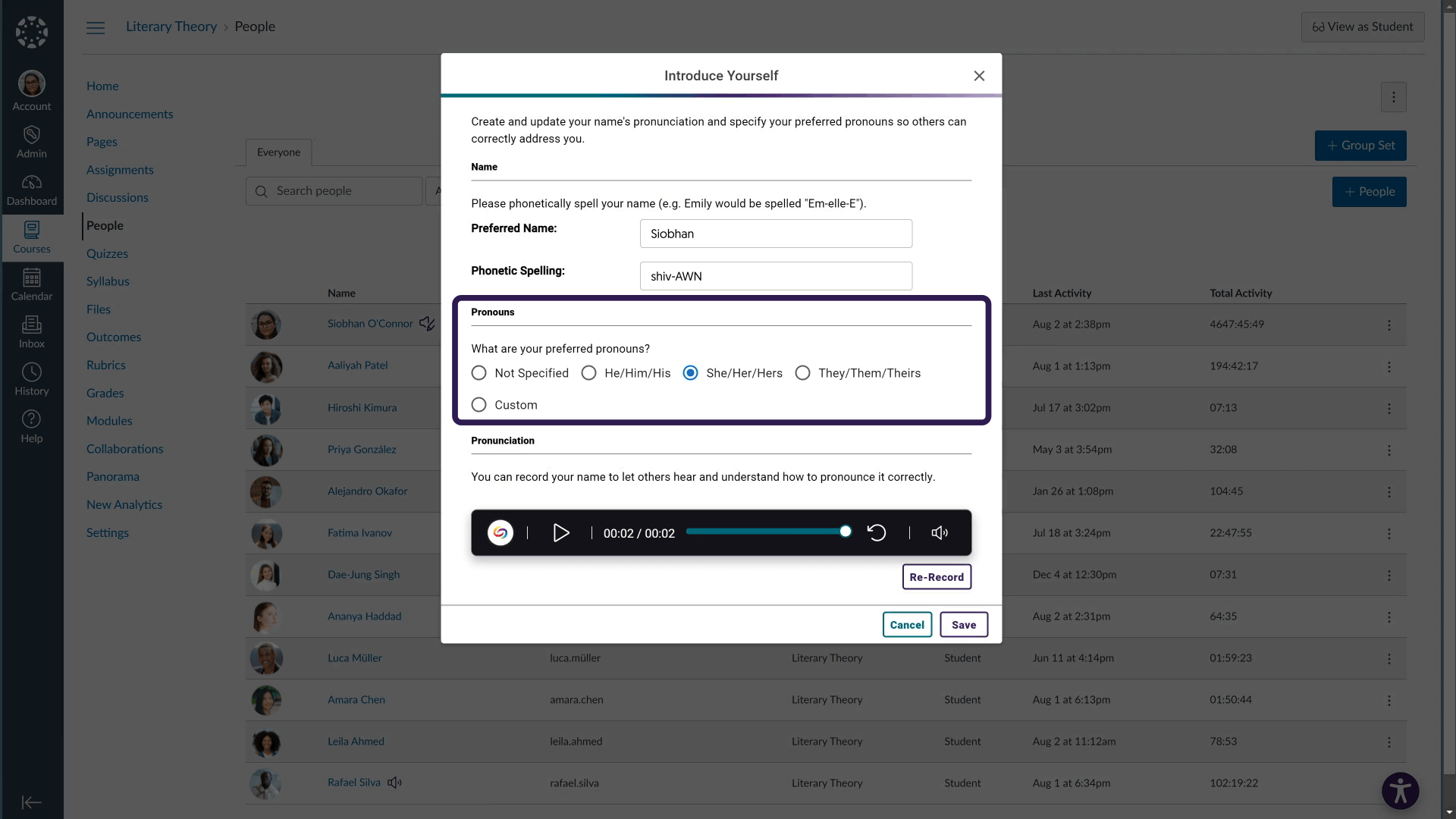 AudioName Pro, open in Canvas, featuring the Pronouns feature.