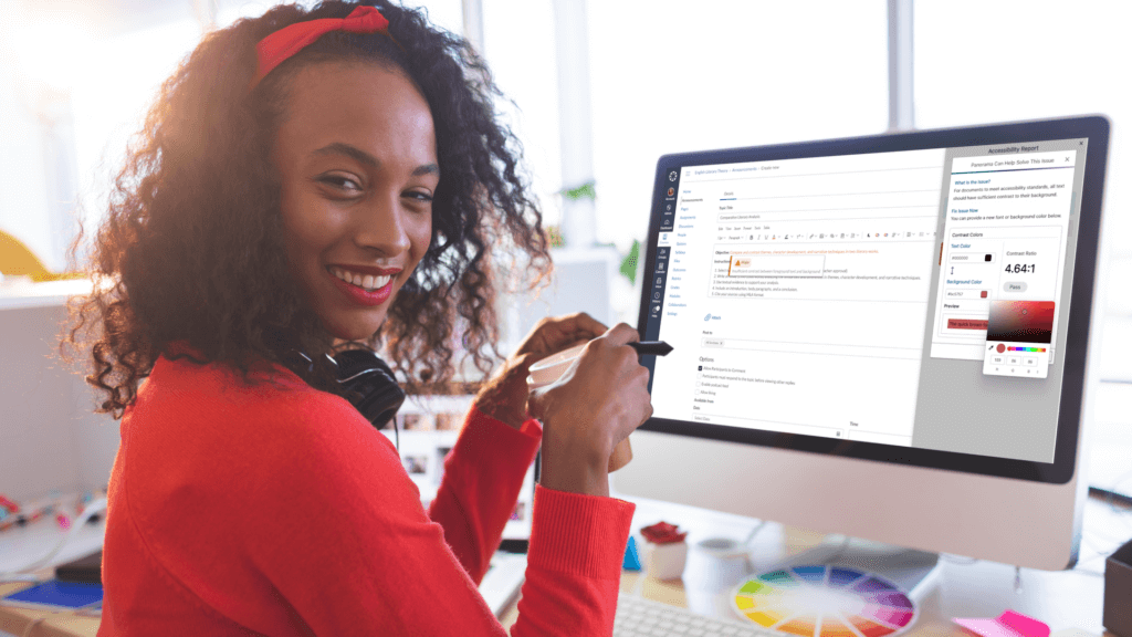 Female graphic designer in a modern office using the Panorama Color Contrast Ratio.