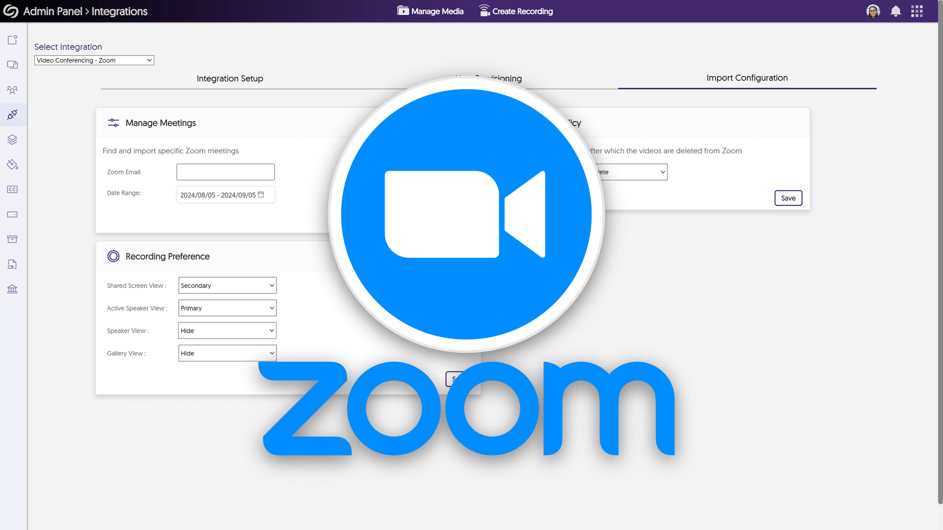 The Zoom logo over the Integrations panel.