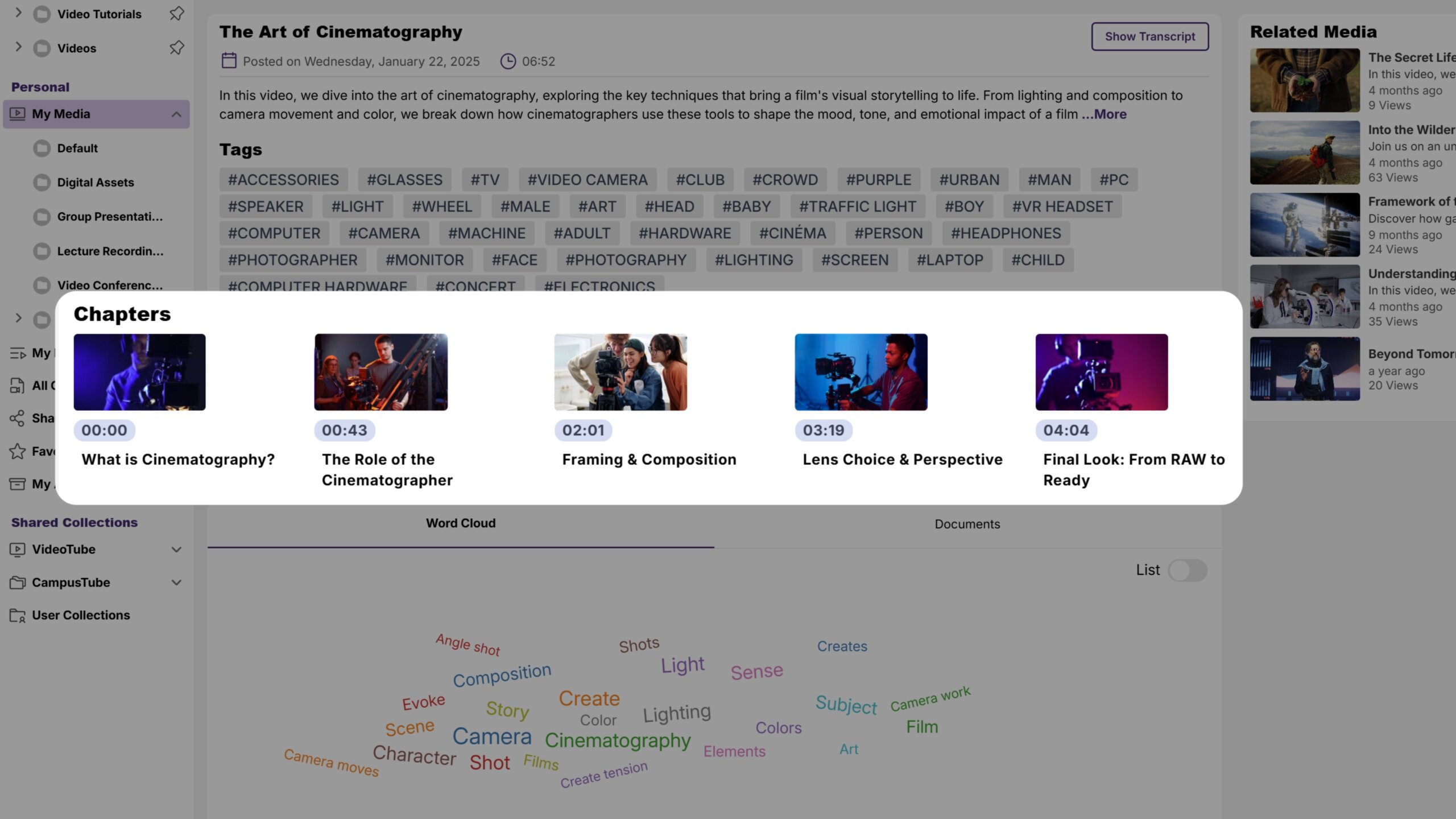 Screenshot of GenAI-generated chapters from an example video.