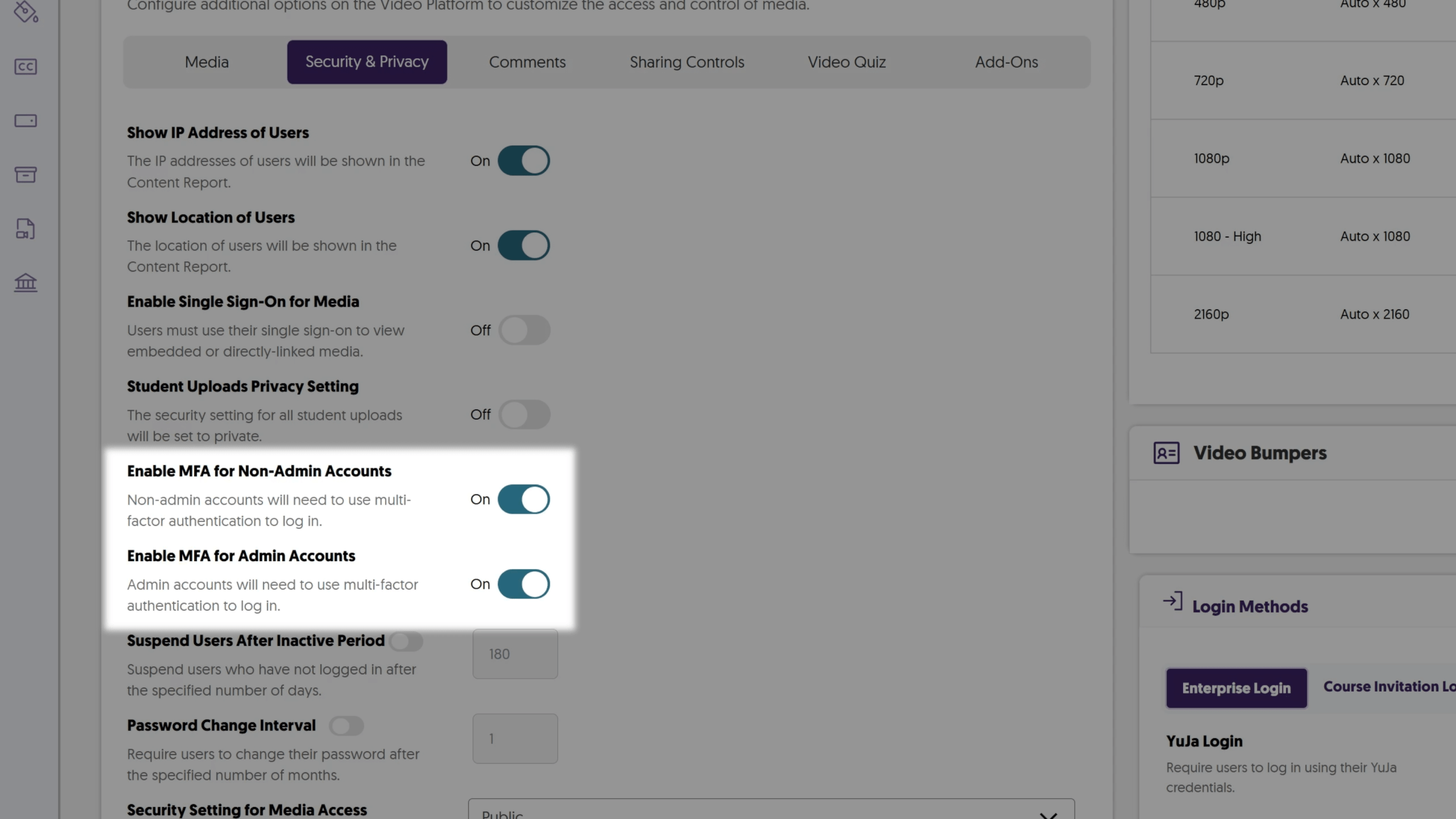 Enable MFA for Non-Admin Accounts and Enable MFA for Admin Accounts are both highlighted and enabled in the Security & Privacy tab in the Admin Panel.