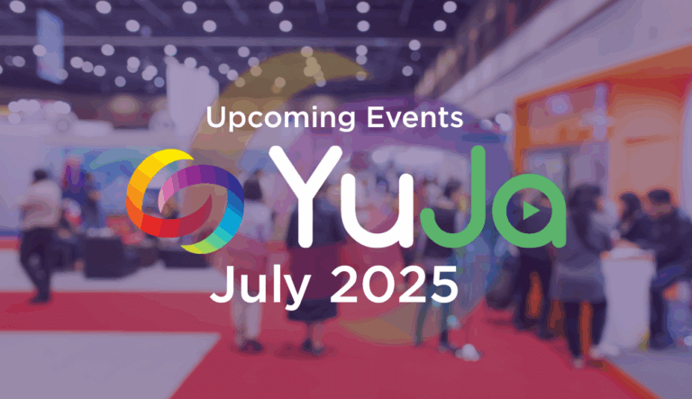 YuJa logo overlaid against a busy conference setting.