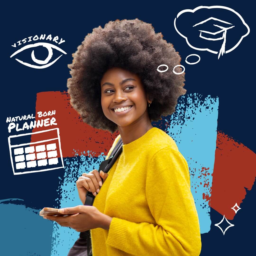 Woman with afro hair holding smartphone.