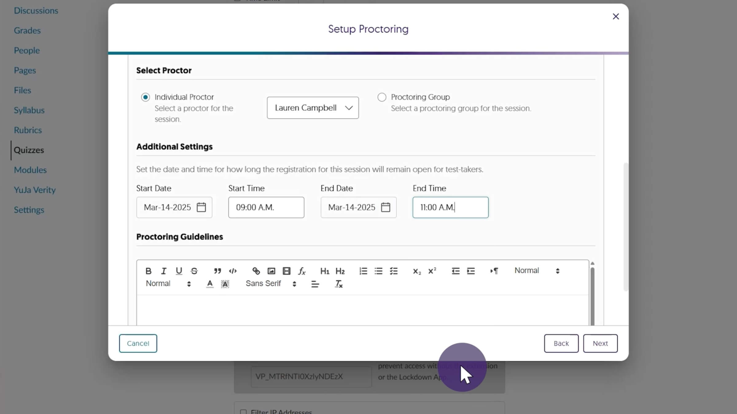 The Setup Proctoring, which allows you to create registration windows.