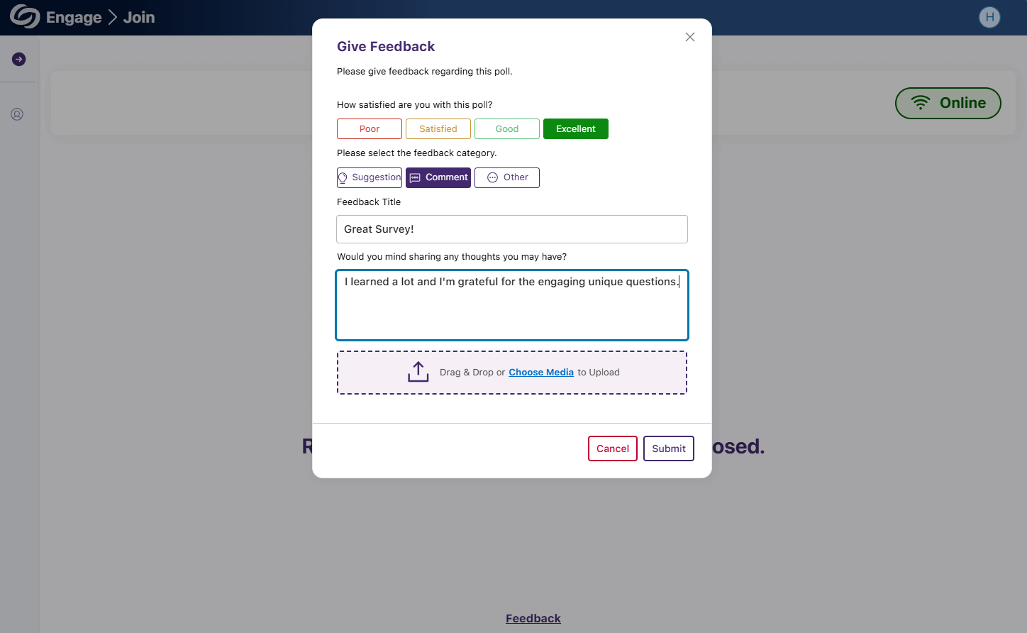 The YuJa Engage Poll Feedback screen with rating and review sections. 