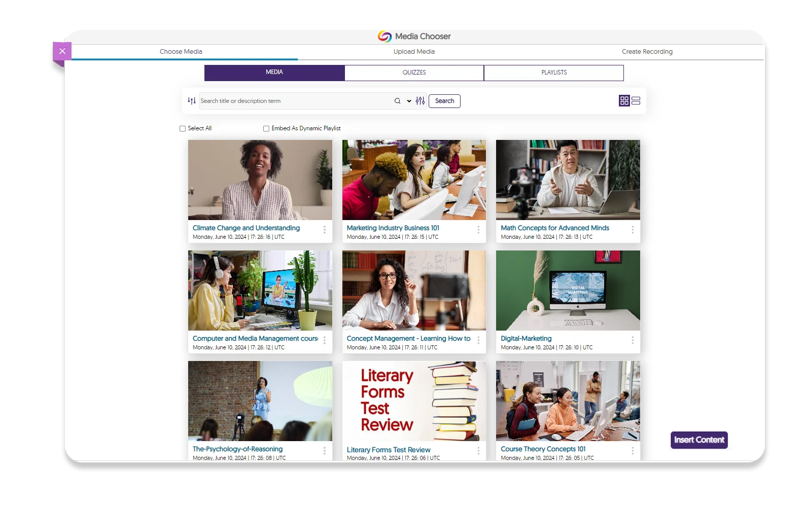 Screenshot of YuJa Media Chooser Library.