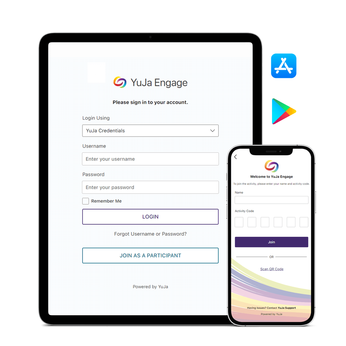 A mobile app store logo, mobile phone with YuJa Engage showing, and Google Play store logo are shown in a row.