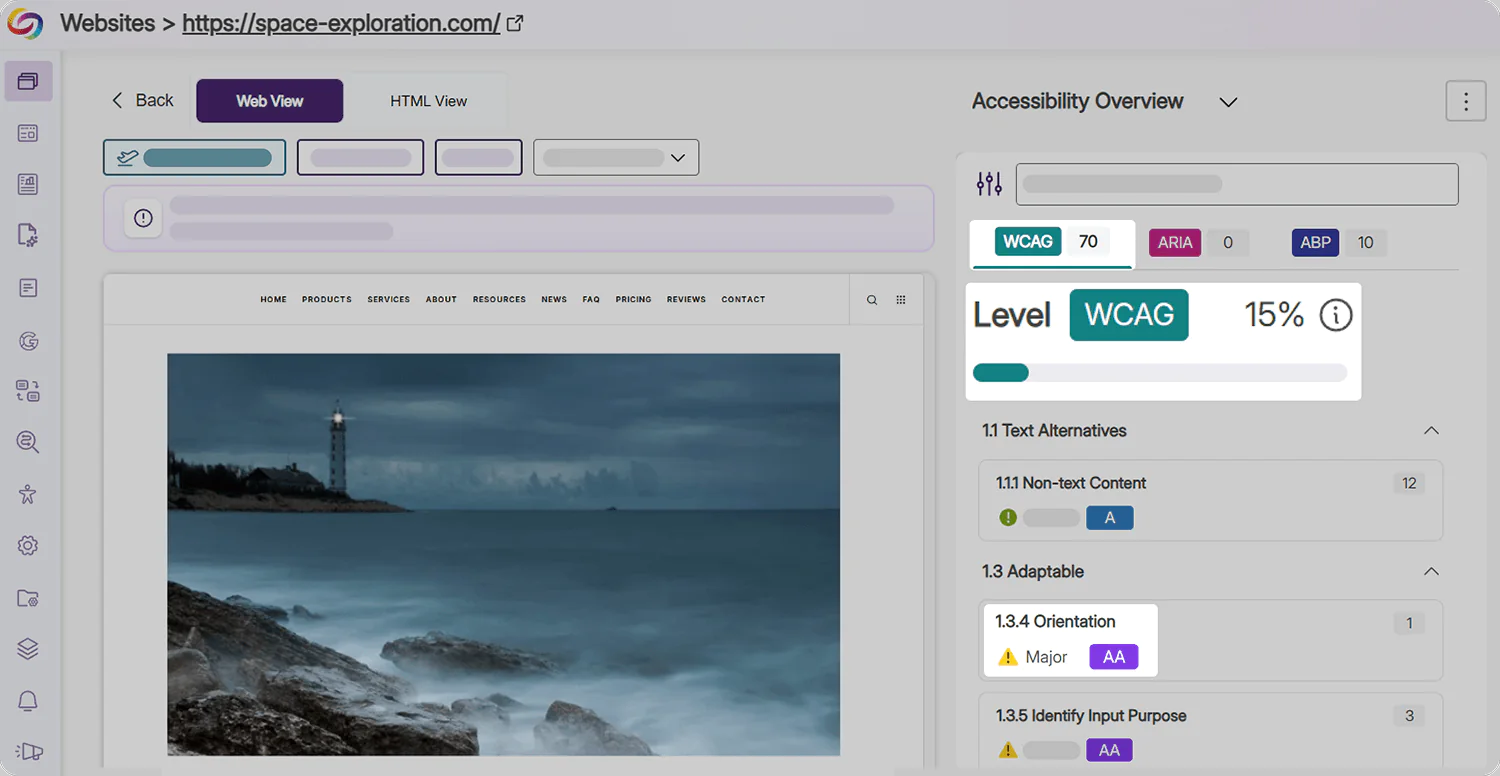 Mid-fidelity prototype of the Issues Panel in YuJa EqualGround now with a new WCAG tab and each issue categorized by the WCAG A/AA/AAA levels.