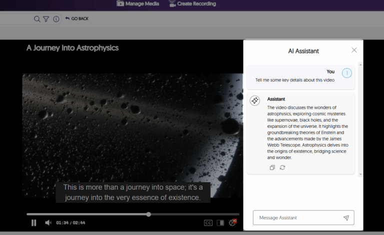 An image highlighting the AI Assistant panel in the Video Platform.