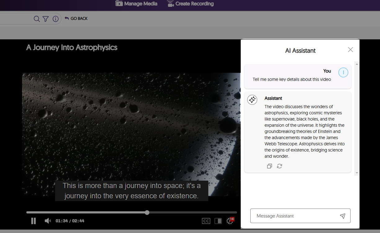 An image highlighting the AI Assistant panel in the Video Platform.