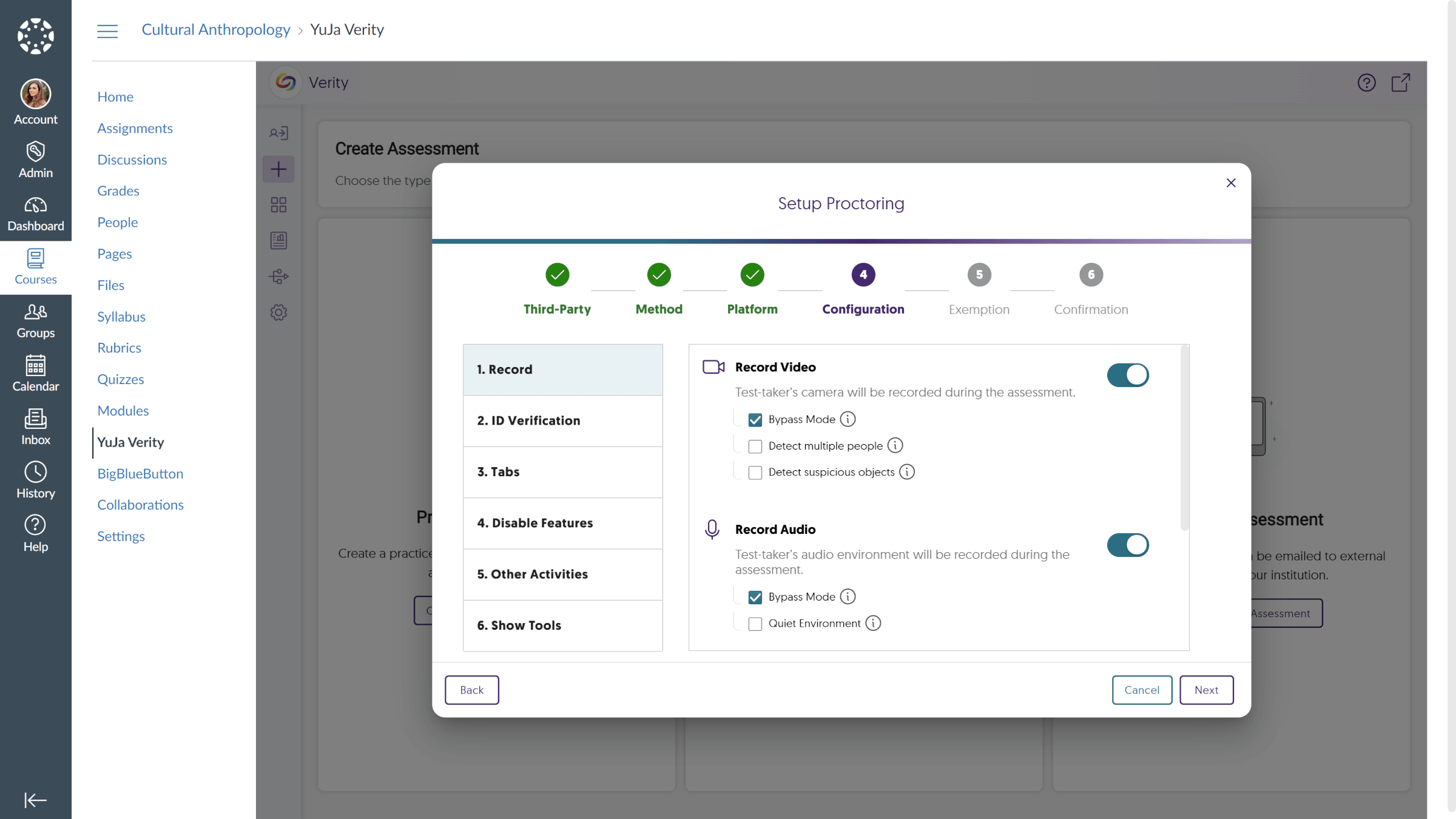 Proctoring configuration for Pearson, set to record video and record audio.