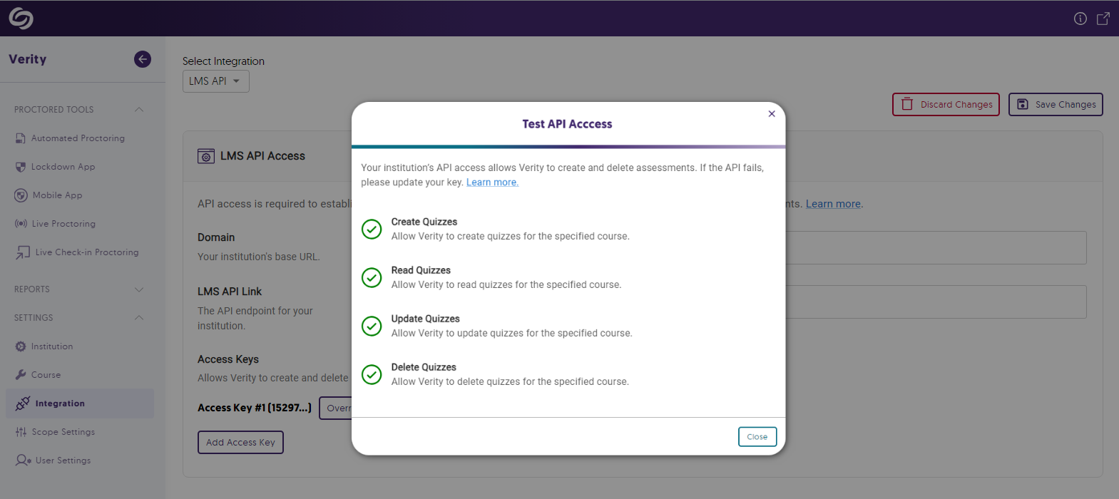 API access is tested for a course showing several completed checks.