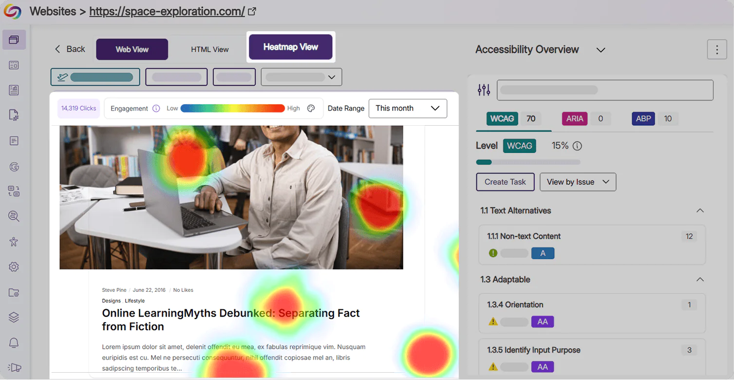 Mid-fidelity prototype of the Issues Panel in YuJa EqualGround now showing a Heatmap View.