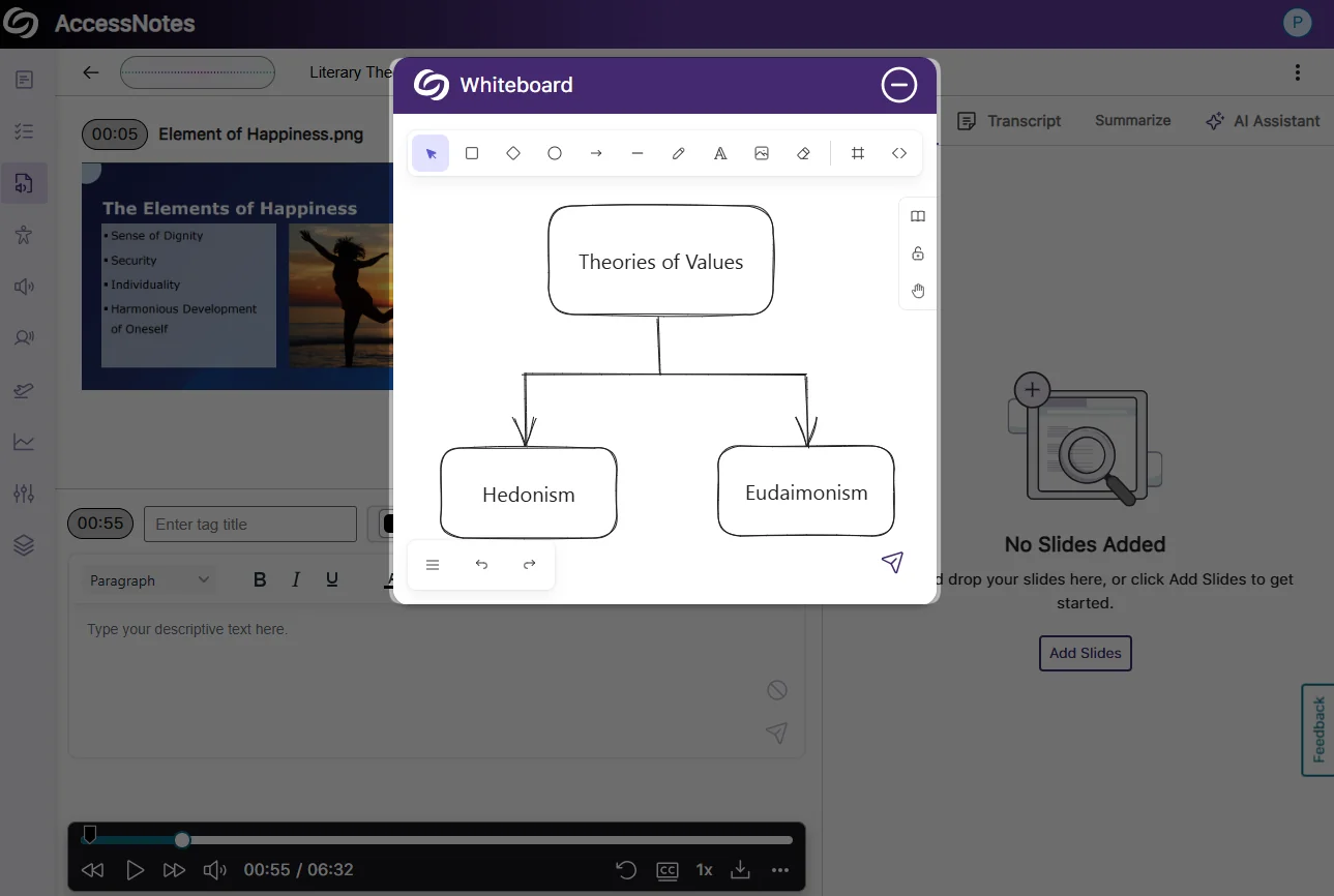 The YuJa AccessNotes page highlighting the new whiteboard canvas in the audio-based notes.