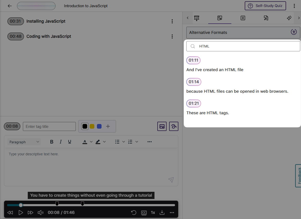 An image highlighting the search bar for transcript in YuJa AccessNotes.