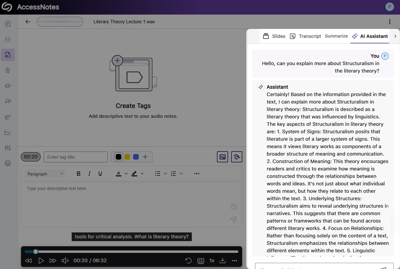 The YuJa AccessNotes page highlighting the AI Assistant function.