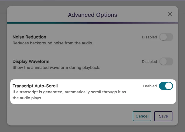 An image of the Advanced Options window highlighting the Transcript Auto-Scroll option enabled.