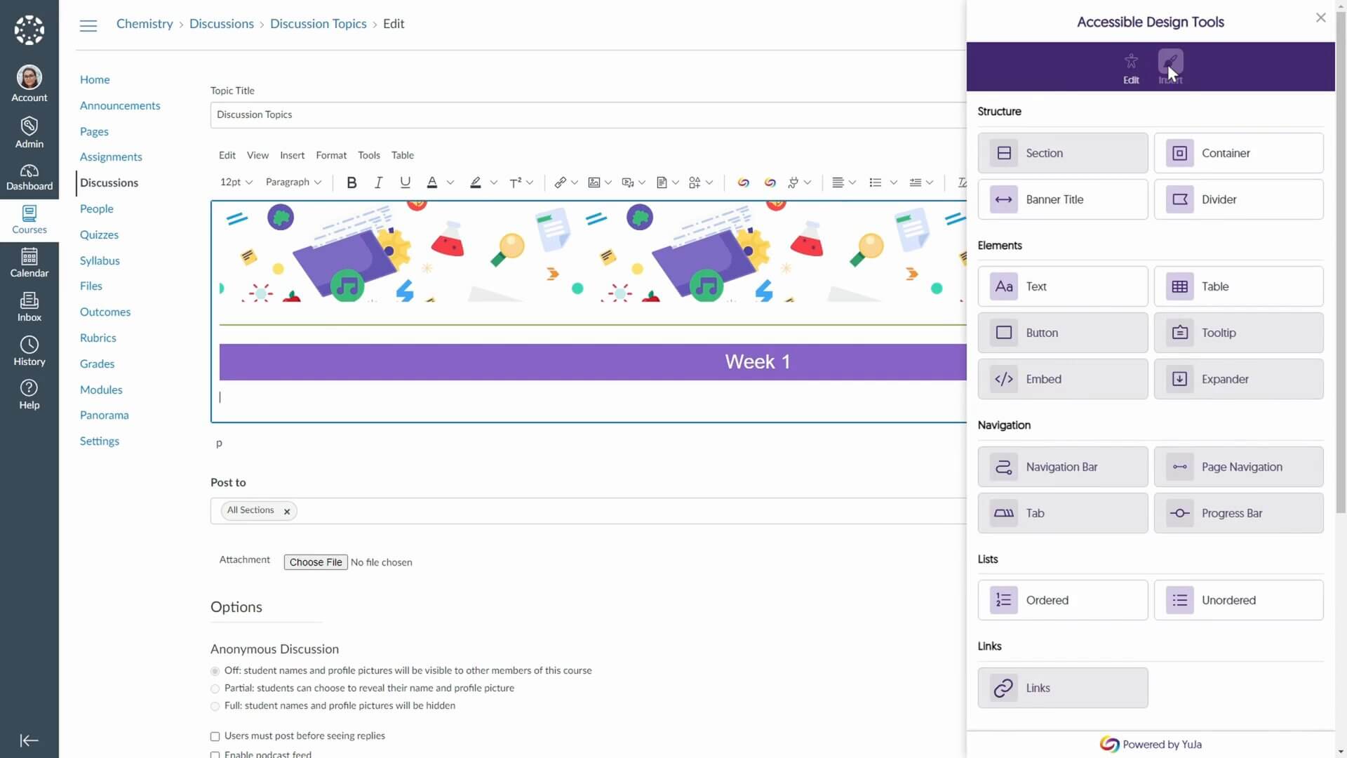 A formatted discussion topic list created using the Accessible Design Tool in YuJa Panorama.