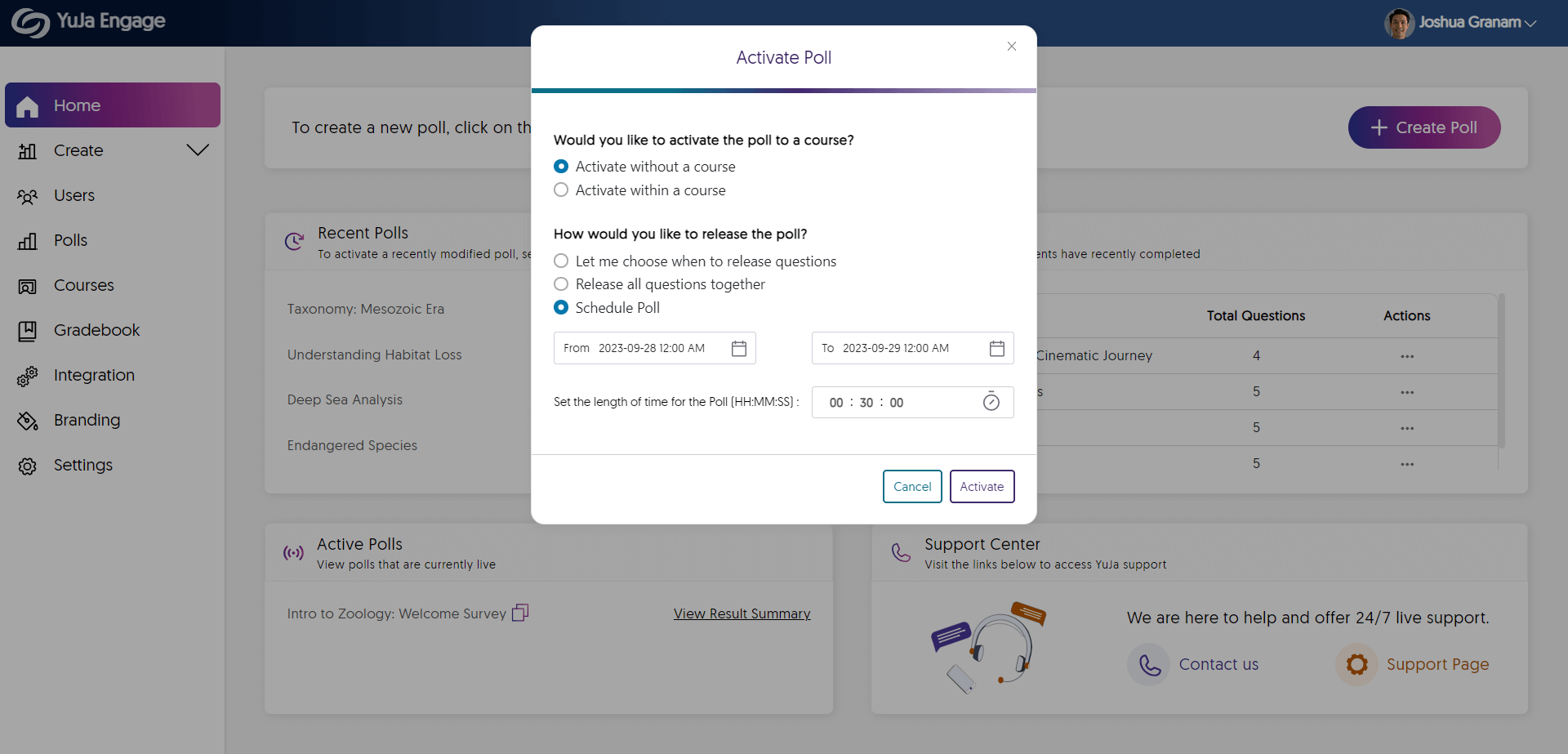 A screenshot showing the poll activation page in YuJa Engage.