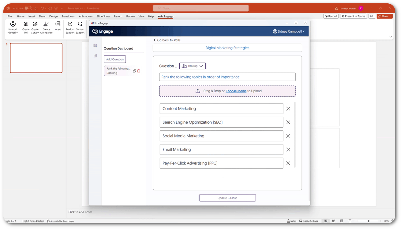 The Ranking question type is shown in the desktop app for PowerPoint.