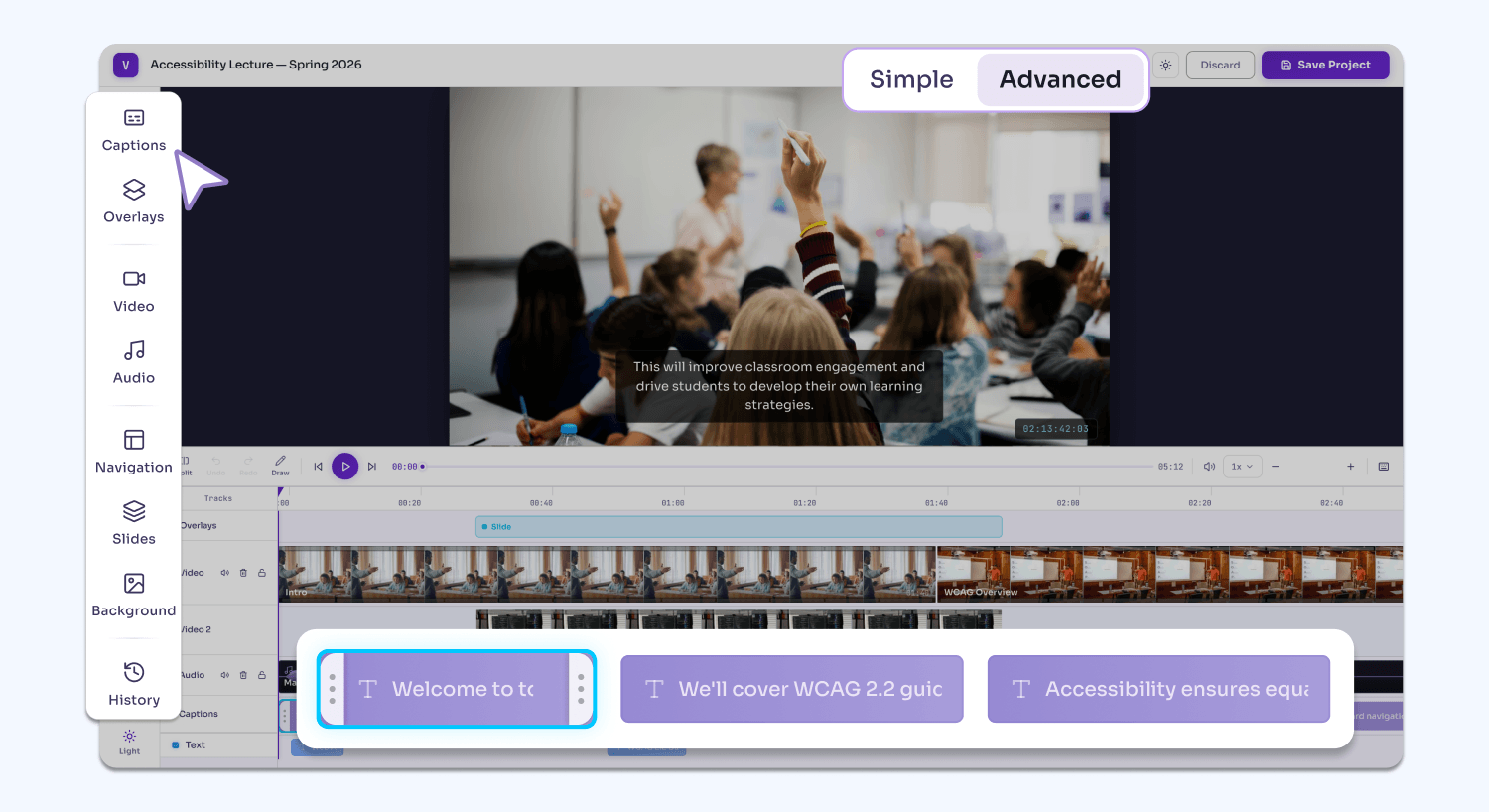 Advanced editing mode: On top of all the features available in Simple mode, users can use the Video Editor’s extended list of features in Advanced mode, including adding text overlays, watermarks, backgrounds, slideshows, and blurs to their video. They can also leverage advanced AI-engines to automatically generate chapters/indexes while still maintaining full control over manual edits.