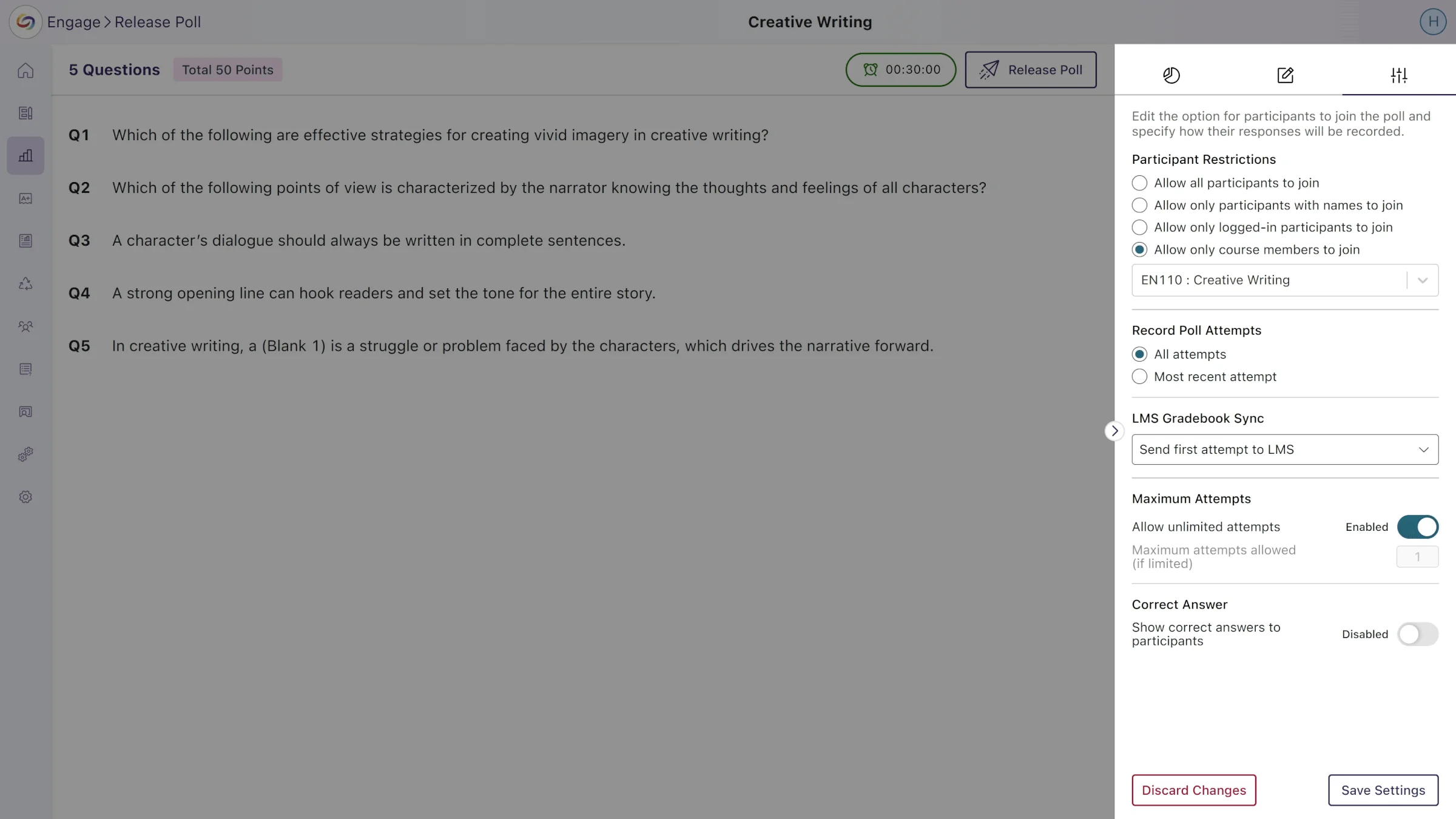 A side menu featuring the option to 'Allow only course members to join' when releasing a poll in YuJa Engage.