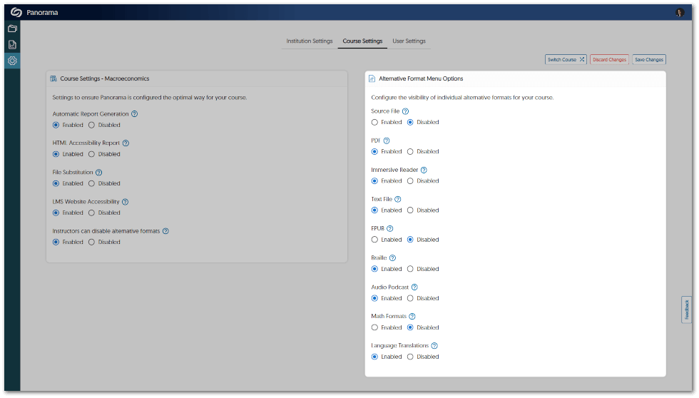 Course Alternative Formats setting shows formats users can enable or disable. 