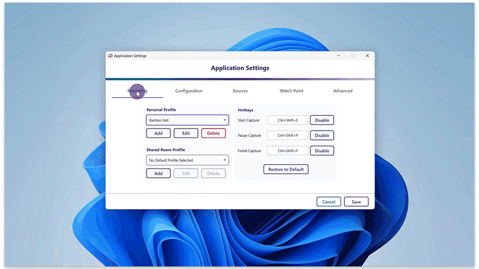 Tab navigation through each Application Setting.