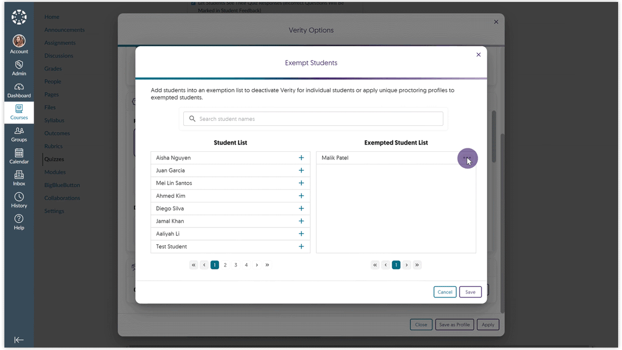 A proctoring profile is applied to an exempted student. 