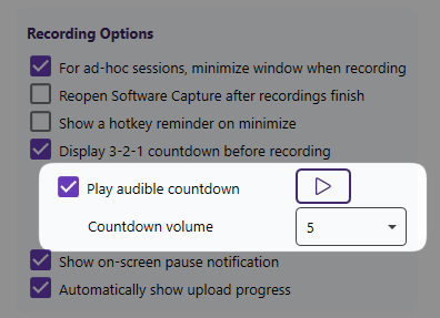 A view of the option to play audible countdown in Software Capture.