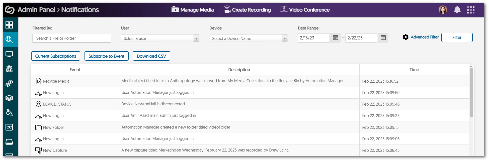 The audit log show various events occuring on the Video Platform such as new folder being created and logins. The feature is shown inside the notification tabs in the Admin Panel.