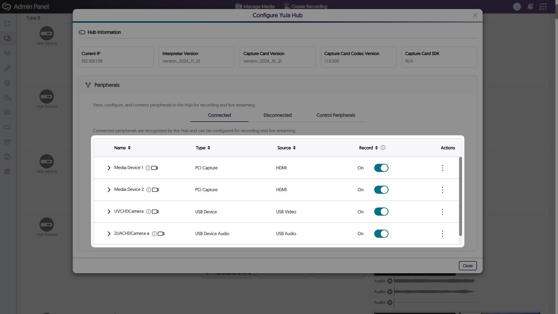 An image highlighting the automatically connected Hub devices in the Hub devices configuration page.